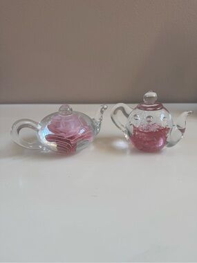 Edinburgh Handblown Glass Teapot with Pink Flower vintage set of 2